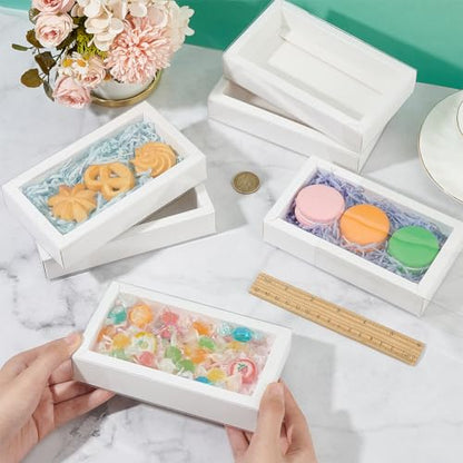 NBEADS 12 Pcs Rectangle Drawer Kraft Boxes, 5.5x2.7x1.26 Inch Gift Packaging Case Foldable Paper Drawer Boxes with Clear Plastic Cover for Party Favor Treats Candy and Jewelry Crafts, White - color: White