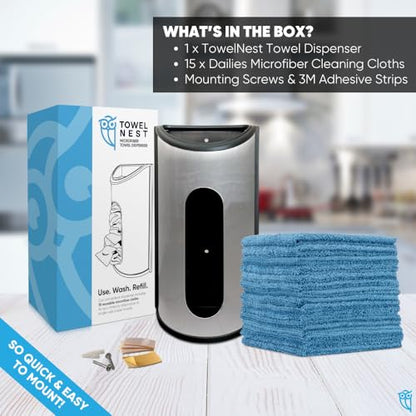 TowelNest Microfiber Cloth Dispenser | 15 Reusable Cloths (Beige) | Eco-Friendly Paper Towel Alternative | Absorbent & Washable | Wall/Cabinet Mount (3M Adhesive & Screws Included) - color: Beige, size: Dispenser + 15 Cloths