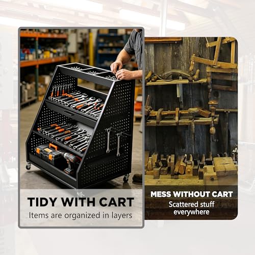4-Tier Heavy Duty Rolling Tool Cart with Pegboard & Sliding Tray, 440 LBS Load Capacity Steel Utility Cart on Lockable Wheels, Mobile Tool Storage Organizer for Mechanic, Garage, Workshop, Black