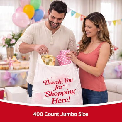 Jumbo Thank You Plastic T-Shirt Bags with Handles, 400 Count, 20 Micron Heavy Duty Grocery & Retail Bags, Large White Carryout Bags, 18" x 7" x 32", for Stores, Takeout & Shopping