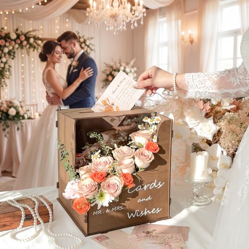 OurWarm Wedding Card Box with Wave Flower Trough, Gift Card Box for Wedding - color: Brown