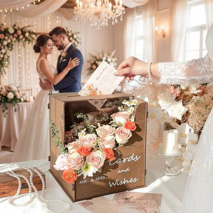 OurWarm Wedding Card Box with Wave Flower Trough, Gift Card Box for Wedding - color: Brown