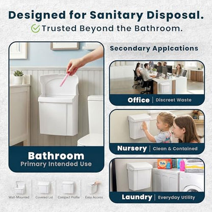 Alpine Sanitary Napkin Receptacle - Feminine Hygiene Disposal Container, Wall Mounted Trash Can with Odor Control Seal & Installation Hardware (White) - color: White
