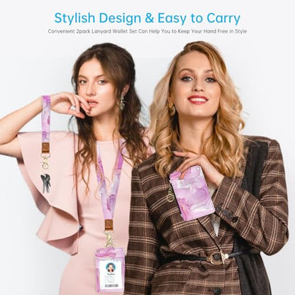 2-in-1 ID Badge Holder & Lanyard Wallet，Cute Zippered Pouch Pink Marble - color: Pink Marble