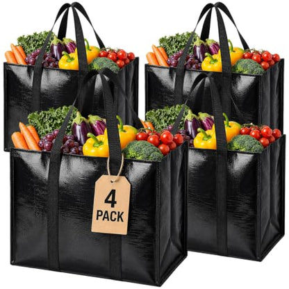 4 Pack Reusable Grocery Bags with Handles Waterproof Shopping Tote Bags - size: 33L