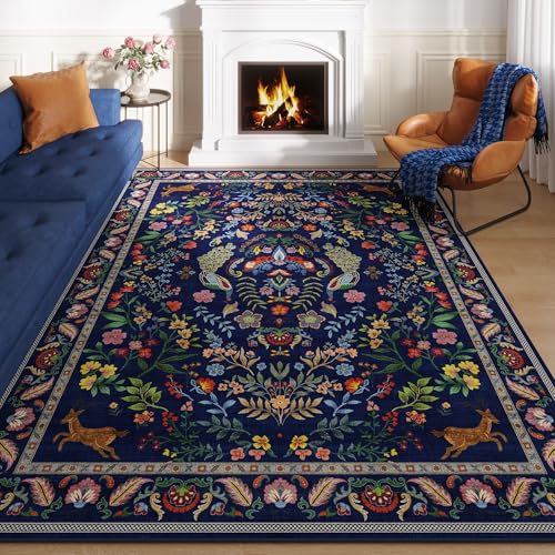 Rugcomf Round Area Rug 4ft Floral Washable Non Slip, Blue - color: Blue, size: 4' (Round)