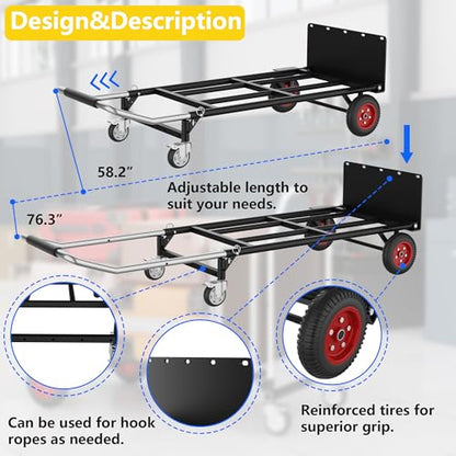 Hand Truck Dolly Heavy Duty, 2 in 1 Convertible Hand Truck and Dolly with 10" Flat-Free Wheels & Brakes, 600LBS Capacity, Includes Elastic Straps for Moving, Warehouse, Garden, Office Use, Black