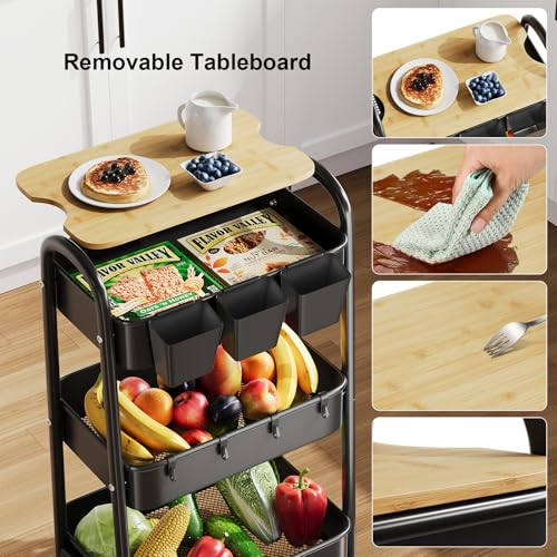 3 Tier Metal Heavy Duty Rolling Cart with Wheels & Wood Table Top, Black - color: Black
