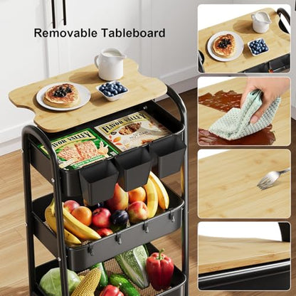 3 Tier Metal Heavy Duty Rolling Cart with Wheels & Wood Table Top, Black - color: Black