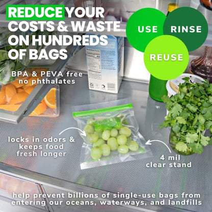 Smelly Proof 10 x Expandable Stand & Fill REUSABLE Storage Bags for Food Designed & Mfg in US, BPA FREE, NO PEVA, Reusable Sandwich Bags, Dishwasher-Safe, Clear 3 mils STAND UP 6.5" x 7.5" - 10pk - size: 10pk, Med 6.5x7.5" - Sandwich