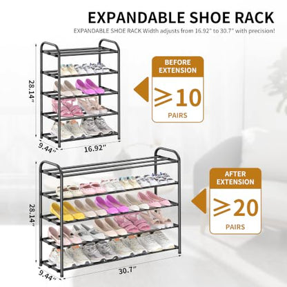 Hleelomi 5-Tier Metal Expandable Shoe Rack for Closet and Entryway, Black - color: Black, size: 5-Tier