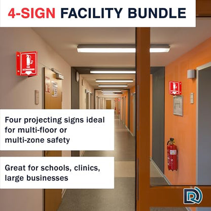 Fire Extinguisher Sign with Arrow, 3D Acrylic V Sign, Wall Mount, 4 Pack - color: Red Acrylic - Pack of 4