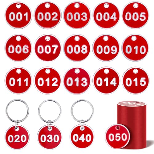 1-50 Numbered Key Tags, Round Metal Tags, Key Chain Labels, Key Tag for Home, Office and Garage, Dorm Keys, House Lockers (Red) - color: 1-50 Red