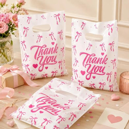 Pink Bow Thank You Bags Plastic with Handle for Small Business, 5.9x7.8 - color: Pink Bow Thank You, size: 7.8x11.8 Inch (Pack of 100)