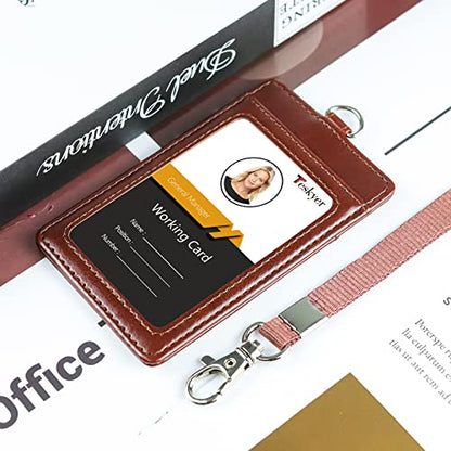 Teskyer Leather ID Badge Holder with Lanyard, Vertical Brown - color: Brown, size: Vertical