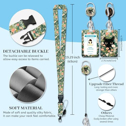 Hancynir Black Cat Flower Lanyards for Id Badges with Retractable Reel Clip - color: Floral Cat Green