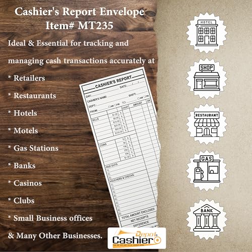 500 Cashier Depot - Cashier’s Report Envelopes MT235 – 4 1/2" x 10 3/8", White 24lb Paper, Cash Deposit Report, Money Envelopes for Retail, Restaurants, Hotels, Small Business, Gum Flap, 500 Count