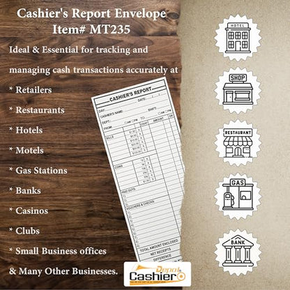 500 Cashier Depot - Cashier’s Report Envelopes MT235 – 4 1/2" x 10 3/8", White 24lb Paper, Cash Deposit Report, Money Envelopes for Retail, Restaurants, Hotels, Small Business, Gum Flap, 500 Count