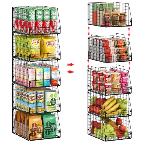 5 Pack XXL Stackable Wire Storage Basket, Extra Large Capacity Pantry Organizer and Storage, Muti-Purpose for Fruit Vegetable Basket & Toy Bin & Snack Organizer - size: 5 Pack—Narrow 11.8"W x 15.4"D
