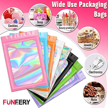 Funfery 300 Pack 3 Size Mylar Holographic Bags with Clear Window,Green - color: Green, size: 3x4.7+4x6+4.7x7.9 Inch