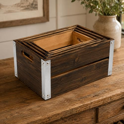 4 Pack Espresso Brown Nesting Wood Storage Crates with Cutout Handles - color: Espresso Brown
