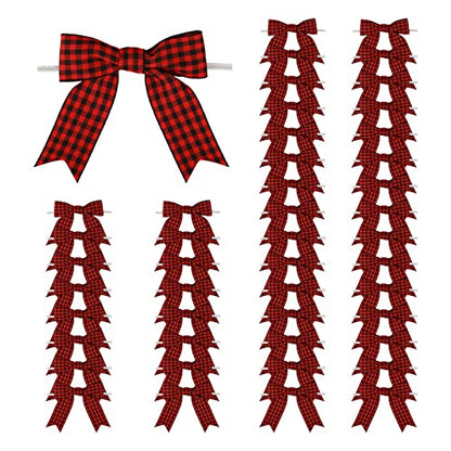 Meseey 50 Pcs 3 Inch Grosgrain Ribbon Twist Ties & Bows - Black & Red Buffalo Plaid Check Premade Craft Bows for Treat Bags & Gift Wrapping - Christmas Party - color: Red and black