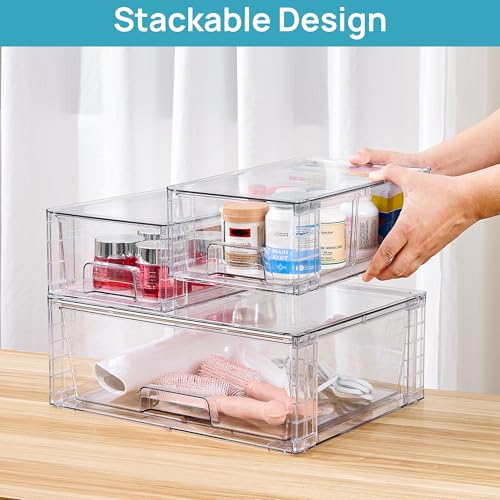 Vtopmart Clear Stackable Storage Drawers, 3 Pack Wide Organizer Set - style: 1 Wide+2 Small