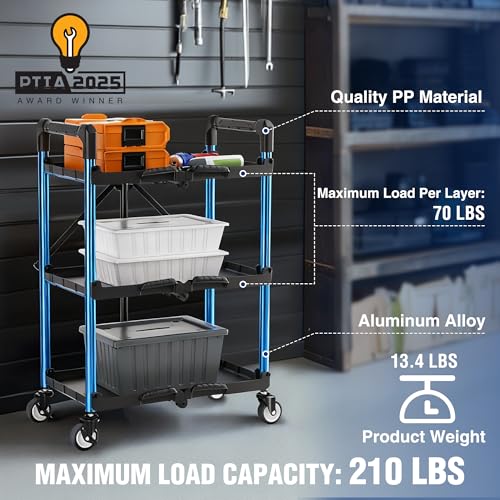 WORKPRO 3-Tier Collapsible Utility Cart, 210 LBS Cart with Wheels - color: Black/Glossy Blue