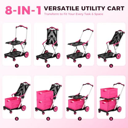 Collapsible Shopping Cart with Wheels, Foldable Platform Hand Truck (Pink) - color: Pink