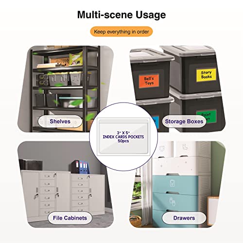 IMAGAME Clear Adhesive 3" x 5" Index Card Pockets, Labels Holders, 50 Pack - size: 3-5/8" x 5-1/4" for 3" x 5" Index Cards