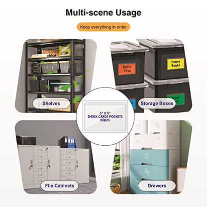 IMAGAME Clear Adhesive 3" x 5" Index Card Pockets, Labels Holders, 50 Pack - size: 3-5/8" x 5-1/4" for 3" x 5" Index Cards