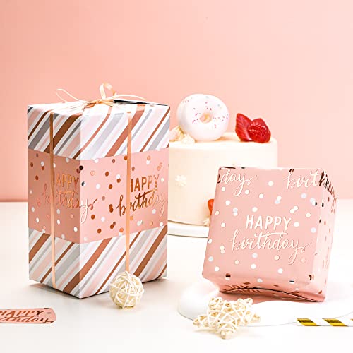 LeZakaa Reversible Pink Birthday Wrapping Paper Roll for Girls Women, Happy Birthday Lettering & Stripe Pattern with Metallic Foil in Pink, Mini Roll, 17 inches x 16.4 Feet - color: Birthday - Metallic Pink, size: 17" X 16.4 ft