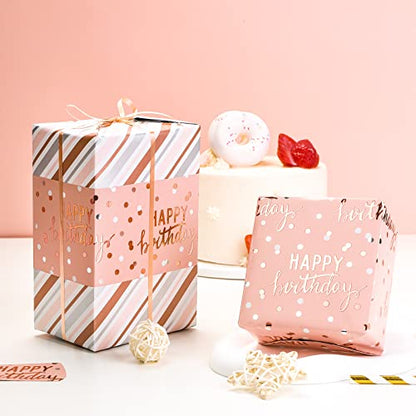 LeZakaa Reversible Pink Birthday Wrapping Paper Roll for Girls Women, Happy Birthday Lettering & Stripe Pattern with Metallic Foil in Pink, Mini Roll, 17 inches x 16.4 Feet - color: Birthday - Metallic Pink, size: 17" X 16.4 ft
