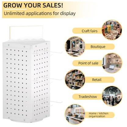 Urban Deco 360° Rotating Pegboard Display Stand with Signage, 4-Sided Spinning Peg Board Stand with 24 Hooks for Jewelry, Earring & Keychain Holder Displays for Craft Shows & Vendor Events (White) - color: White