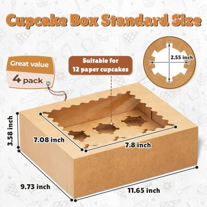 RYDDOY 4 Pack Brown Cupcake Boxes, Hold 12 Count Cupcake, Cupcake Carriers - color: Brown