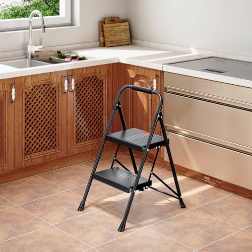 TOOLF 2 Step Ladder, Folding Steel Step Ladder with Handrail, Black - size: 2 Step Ladder
