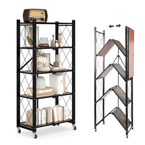5 Tier Folding Shelf with Wheels, Wood and Metal Bookshelf - color: Brown Wooden, size: 5 Tier