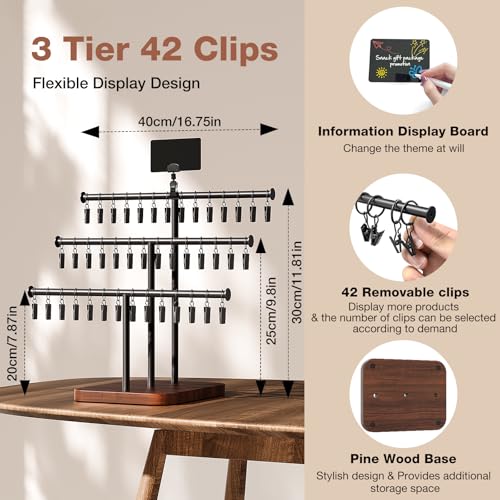 MOJOHAND 3-Tier Snack Display, 42 Clips, Pine Wood Base
