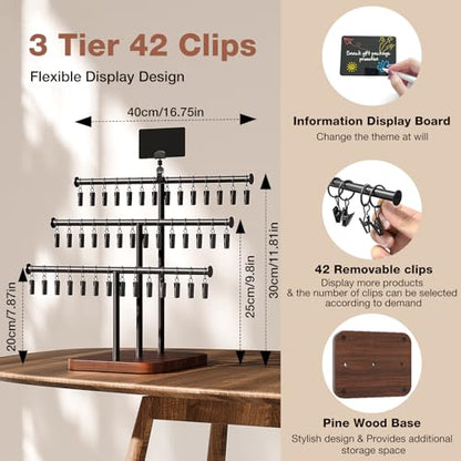 MOJOHAND 3-Tier Snack Display, 42 Clips, Pine Wood Base