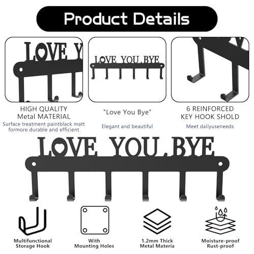 Key Holder for Wall - 'Love You Bye' Key Hooks, Black, 6 Hooks - color: Love You Bye' Black