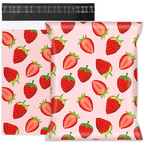 Whaline 100Pcs Strawberry Poly Mailer 10 x 13 Inch Pink Red Fruit Mailing Bag Cute Self-Sealing Plastic Packaging Envelope Bag for Small Business - style: Strawberry