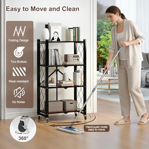 4 Tier Folding Shelf with Wheels, Wood and Metal Bookshelf - color: Brown Wooden, size: 4 Tier