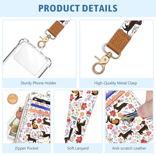 Dachshund Lanyard Wallet with ID Badge Holder, Flower Small RFID Keychain - color: Dachshund Flower