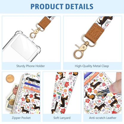 Dachshund Lanyard Wallet with ID Badge Holder, Flower Small RFID Keychain - color: Dachshund Flower