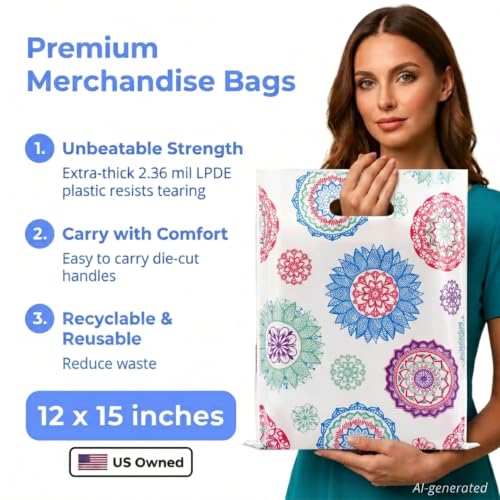 Rainbows & Lilies Mandala Plastic Bags with Handles, White, 100pk, 12x15 in - color: White Mandala Design