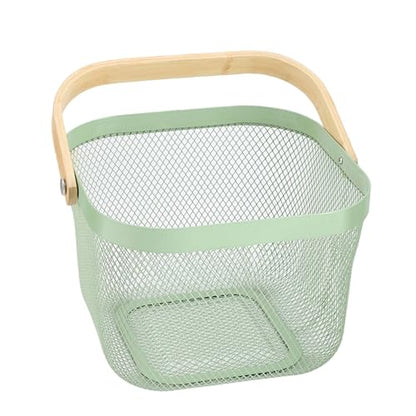 AJIODA Metal Mesh Steel Basket, Storage Organizer Basket Multi-functional Hanging Kitchen Basket Fruit Basket Bin with Bamboo Handle, 9.84 x 10.2 x 7 inch, Mint Green - color: Mint Green