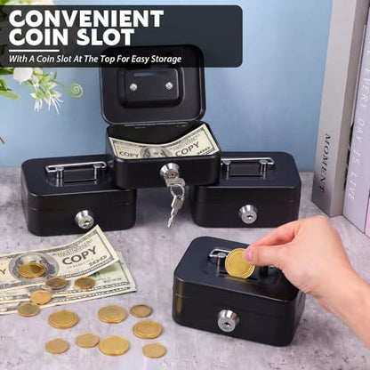 Tandefio 12 Pcs Small Money Cash Box with Lock and Slot Metal Box for Cash Steel Organizer Piggy Bank Metal Coin Bank for Adults, 4.5 x 3.3 x 2 Inch, Without Money Tray (Black) - color: Black