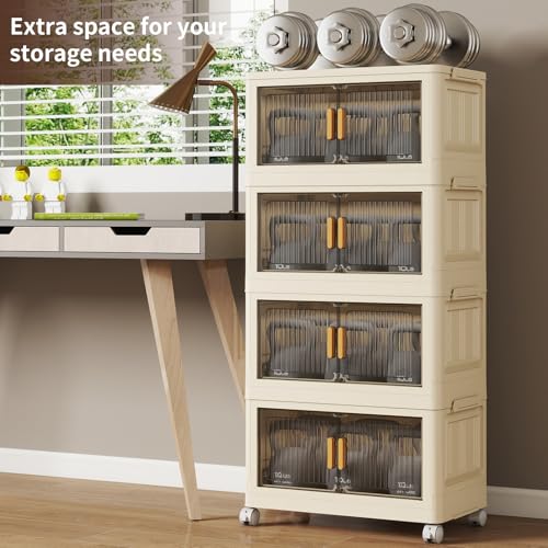 4 Tier Stackable Storage Bins with Lid and Wheels, Storage Cabinet - size: 48Qt-4pack