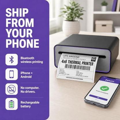 4x6 Thermal Shipping Label Printer, Bluetooth Wireless