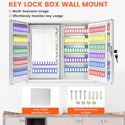 440 Keys Dual-Door Key Lock Box Wall Mount with 20 Adjustable Hook Plates - color: White, size: 440 Keys